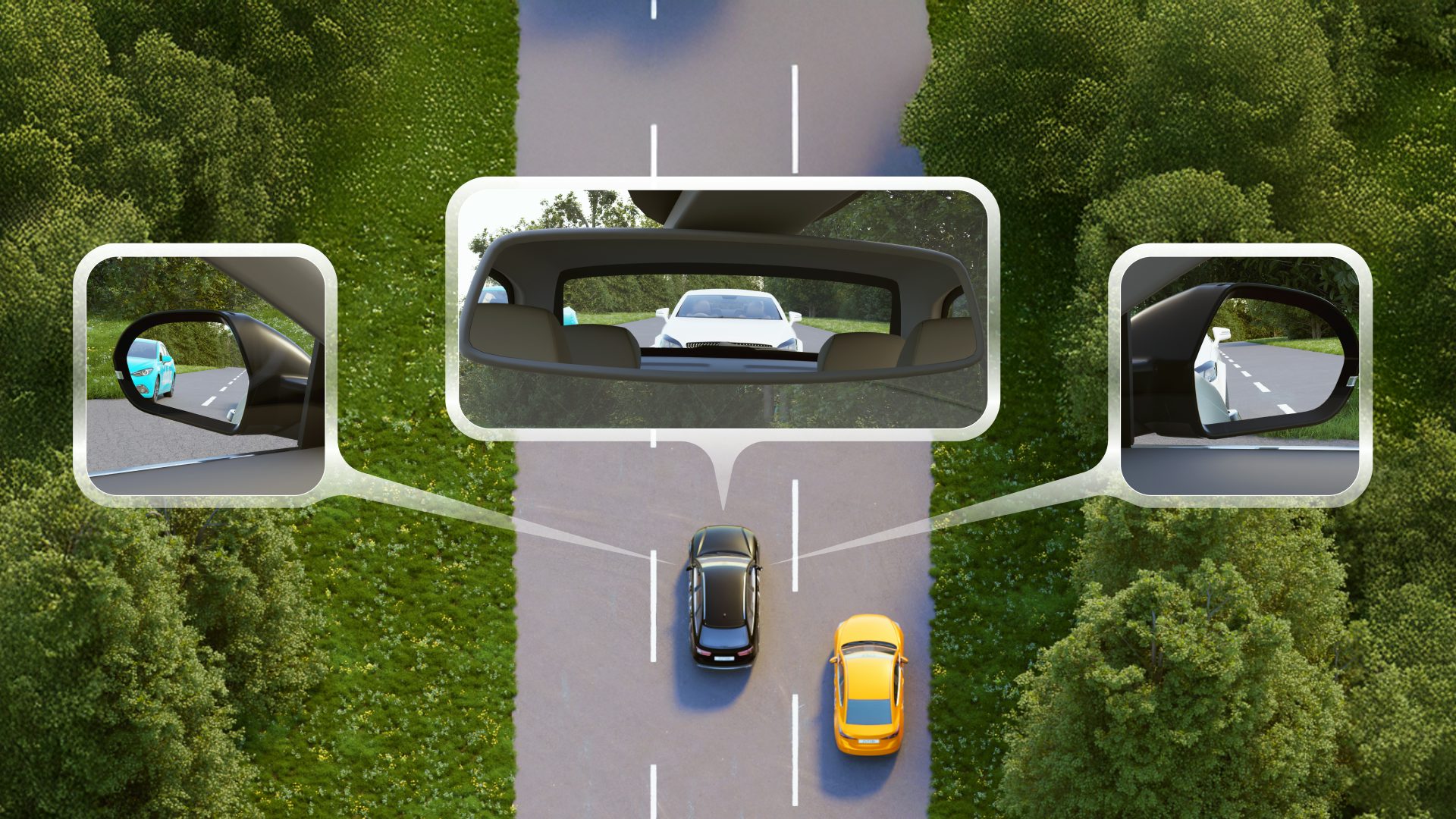 Bird's-eye view of a car on a road with its left, rear-view, and right mirror views shown as callouts, each catching a nearby vehicle.
