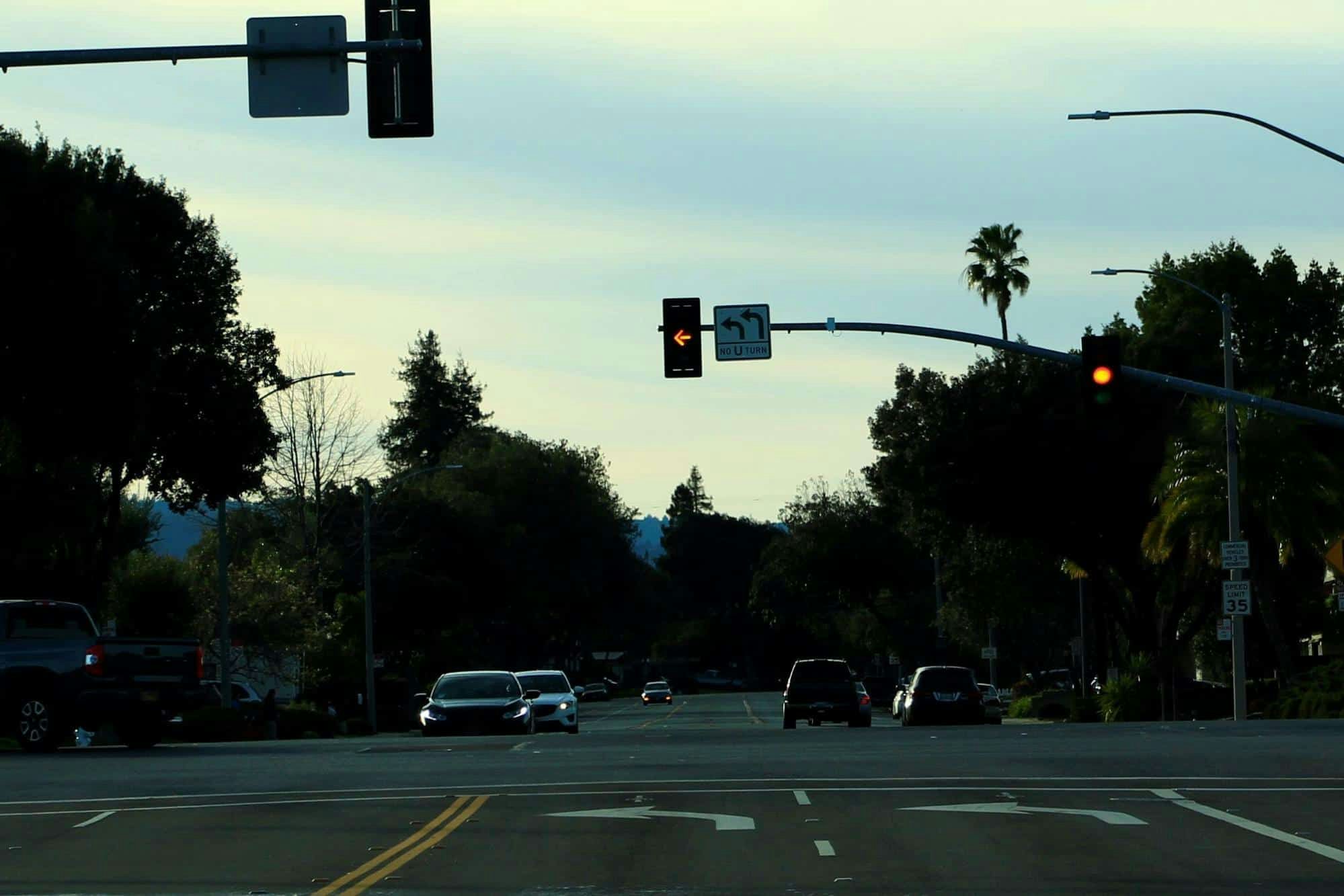 intersection with yellow lights