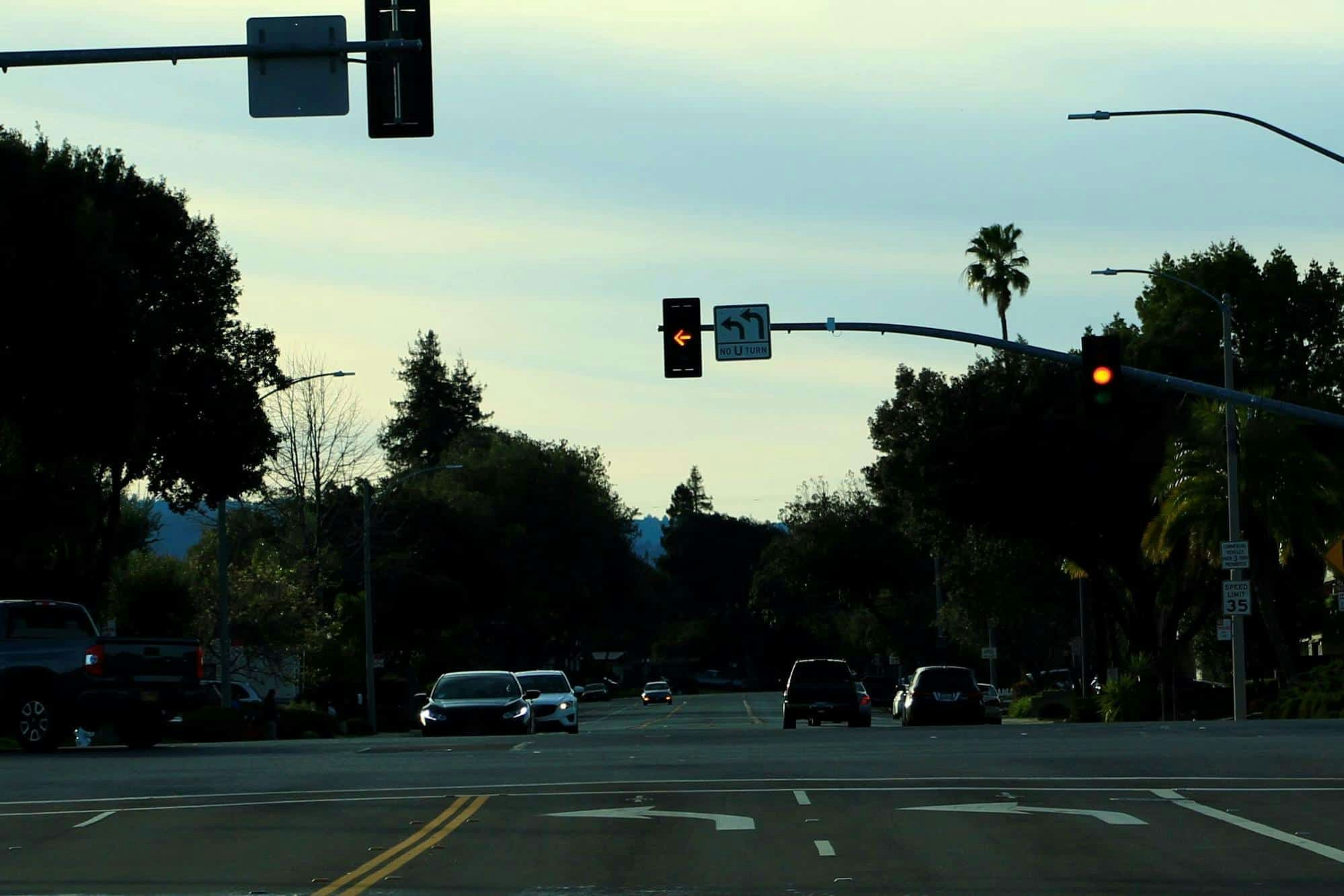 intersection with yellow lights