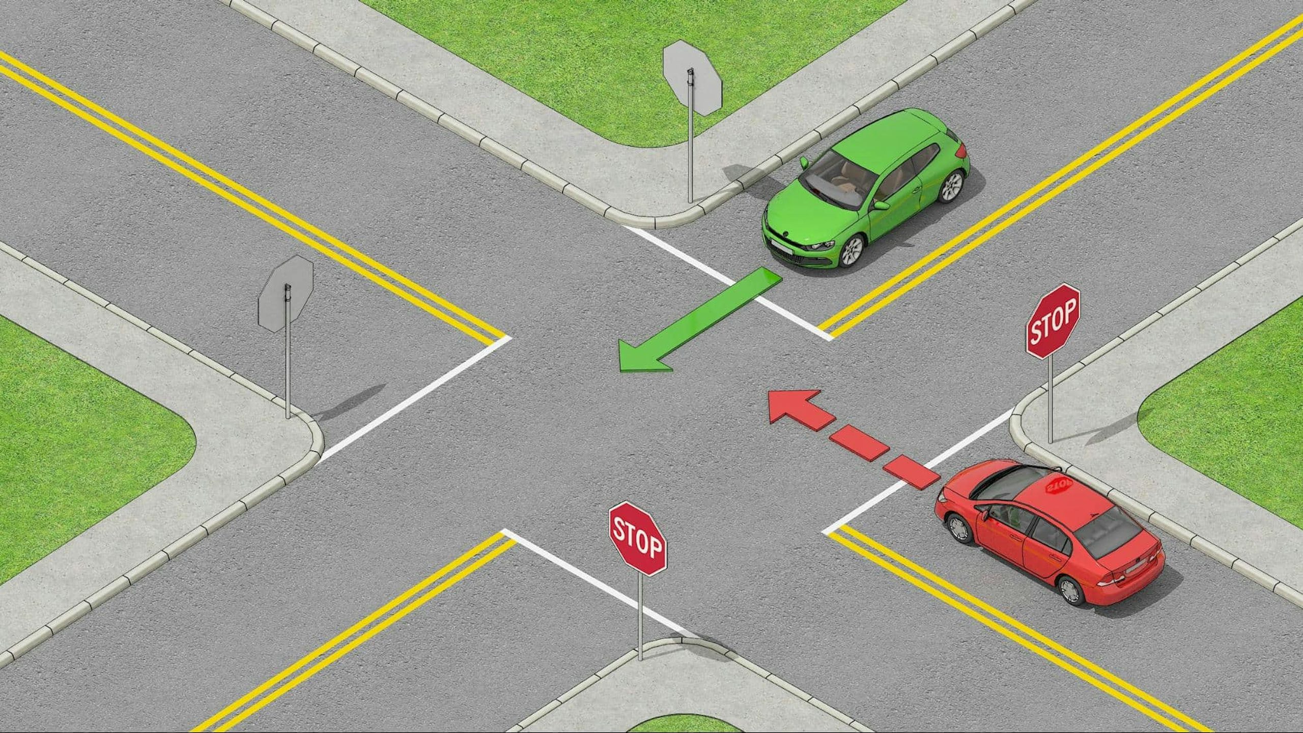 A red car that has to yield to a green car at an intersection