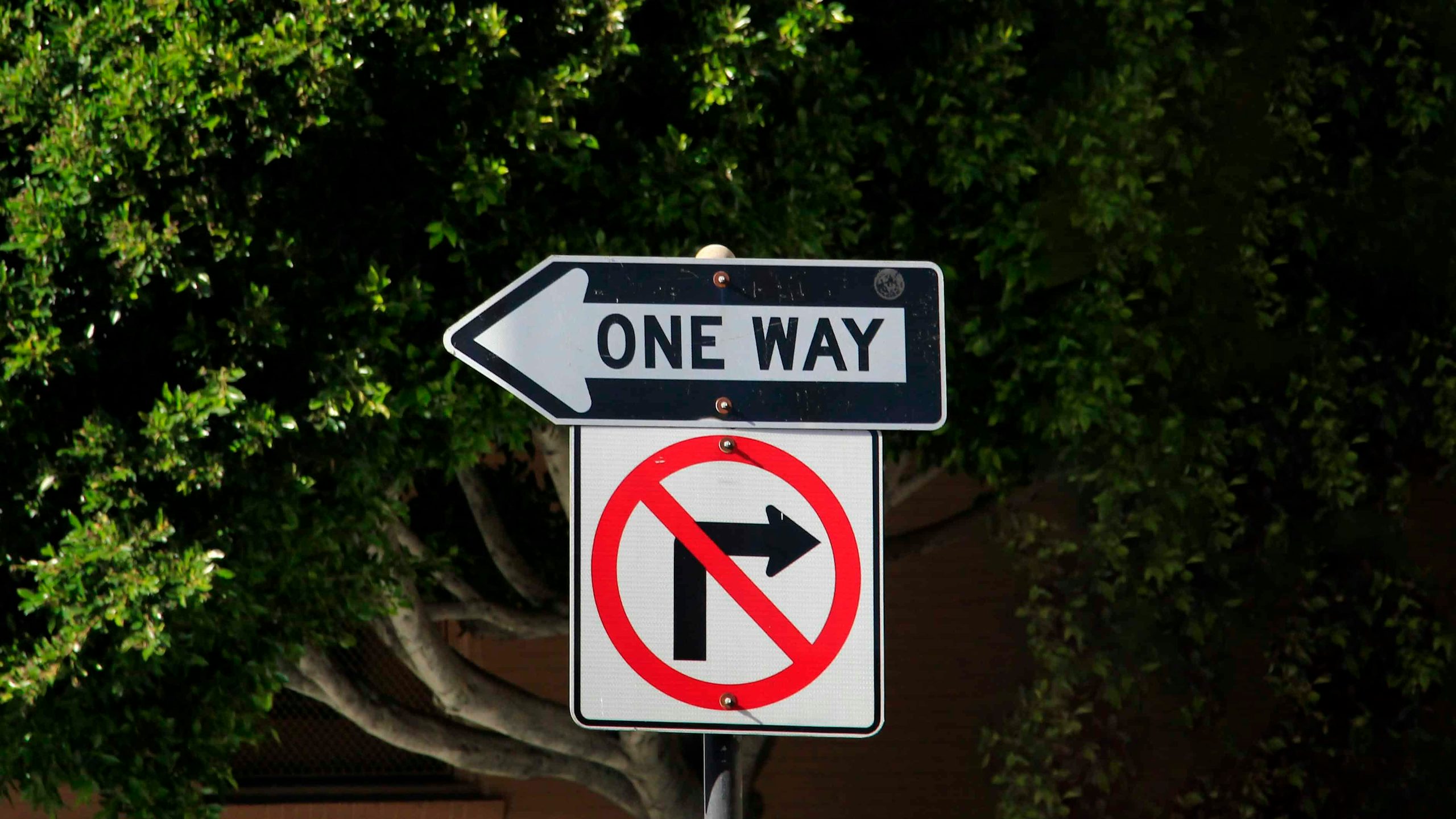 One way street and no turning right sign