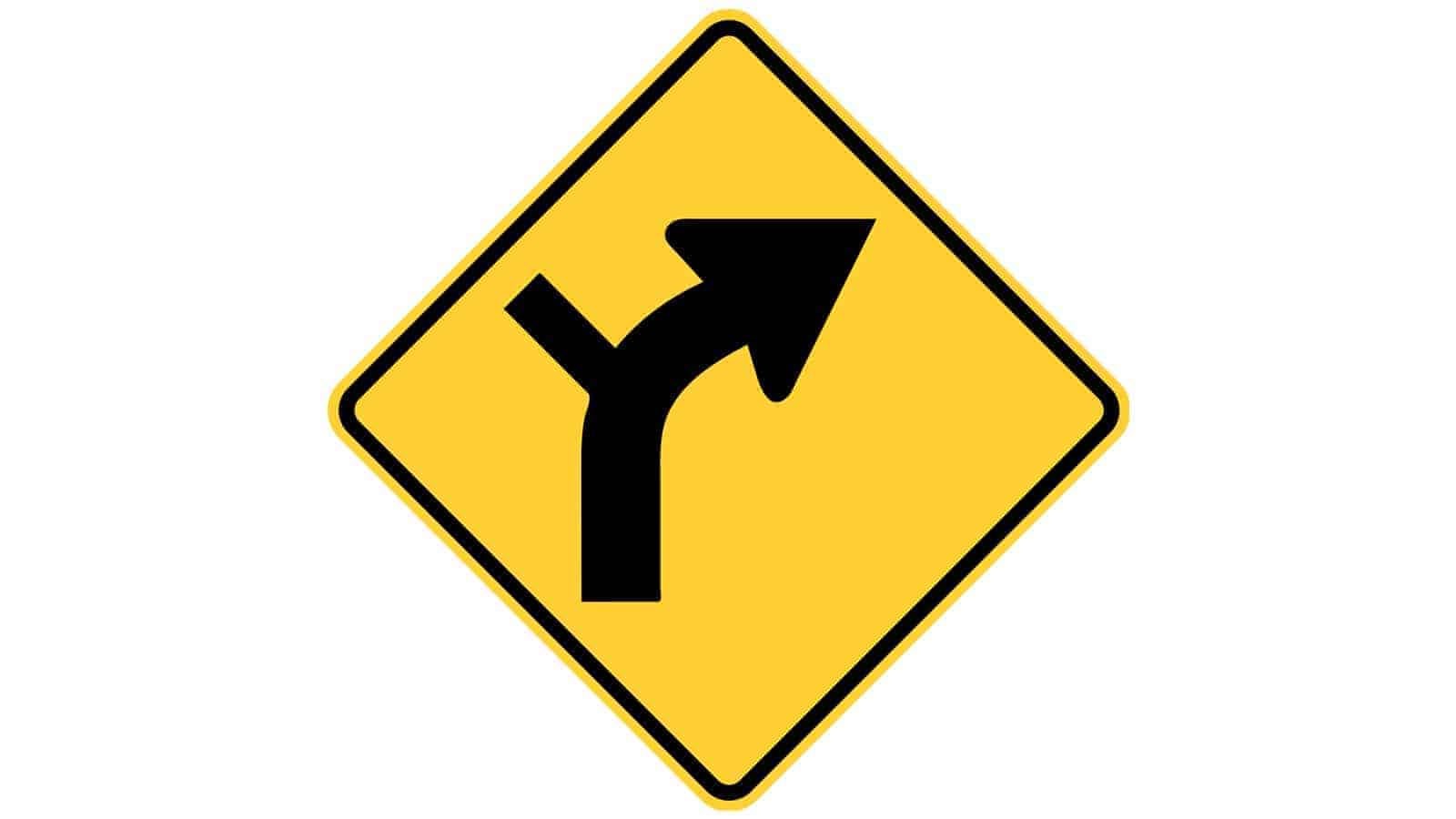 Warning sign Main Road Curves to the Right Ahead