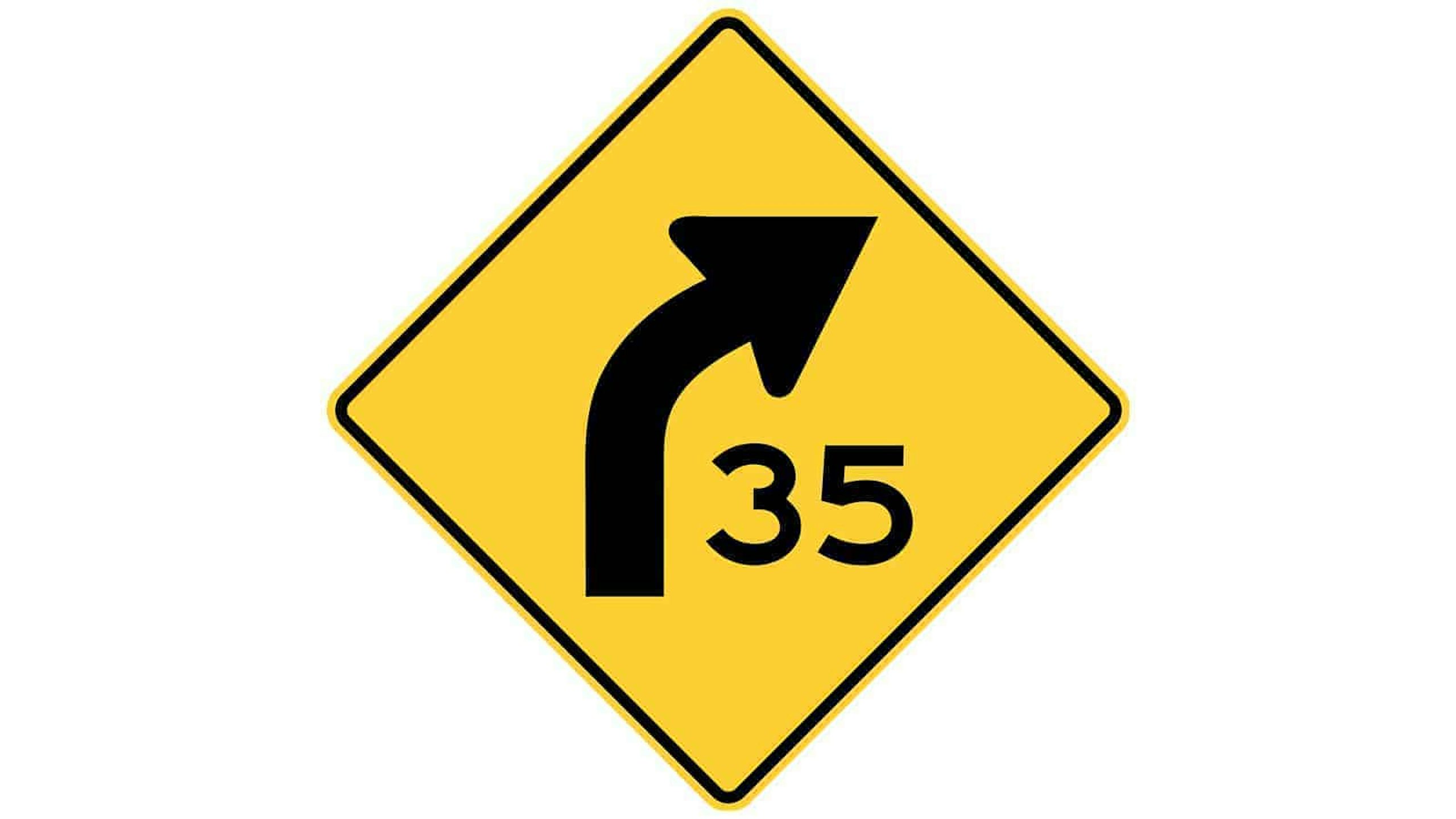 Warning sign curve to the right with advisory speed