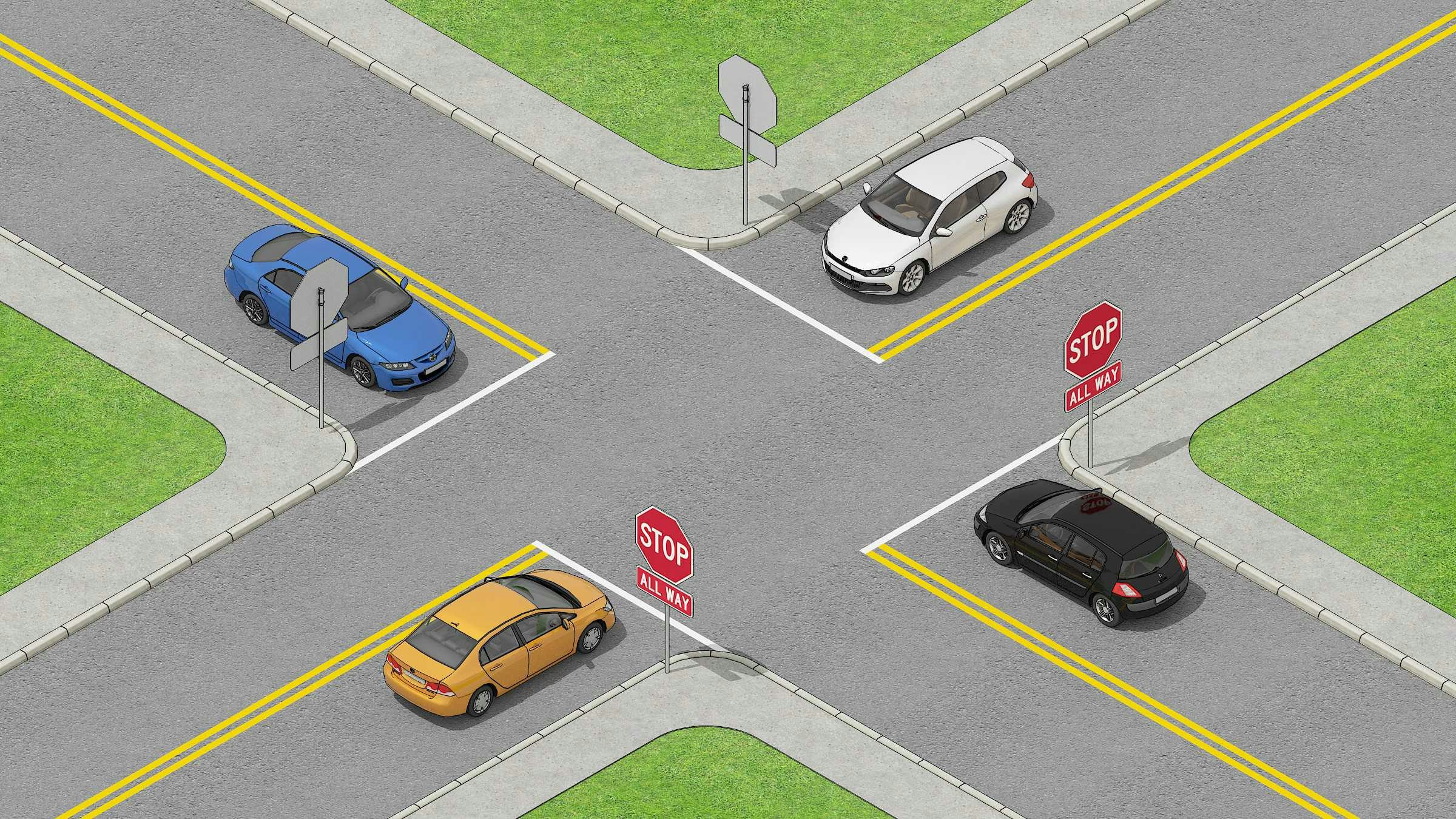 4 cars standing in a 4 way stop intersection