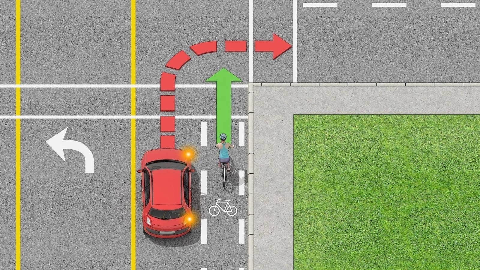Cars making right turns must check for bicyclists in bike lanes as they have the right of way