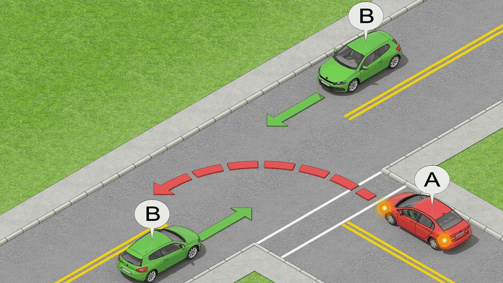 The green cars have the right-of-way at this T-intersection