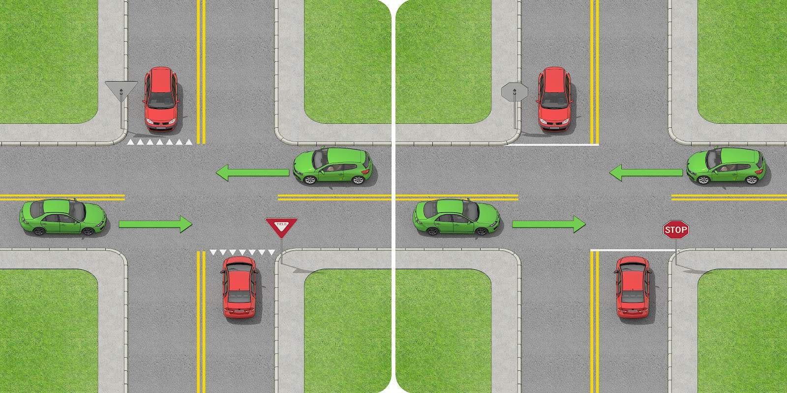 The red cars must yield to any traffic not facing STOP/YIELD signs.