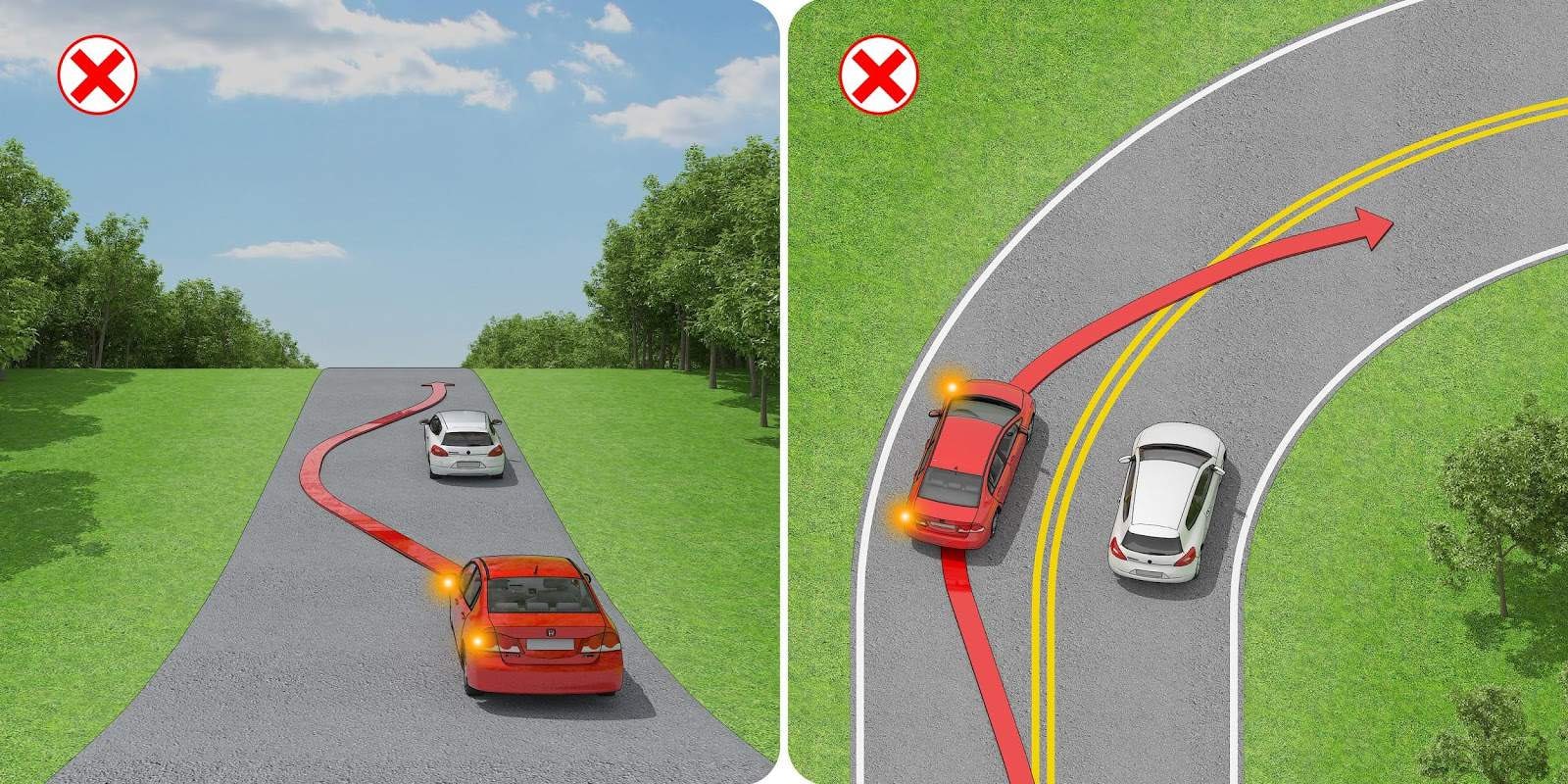 Illustration showing the dangers of passing in a curve or near a hill
