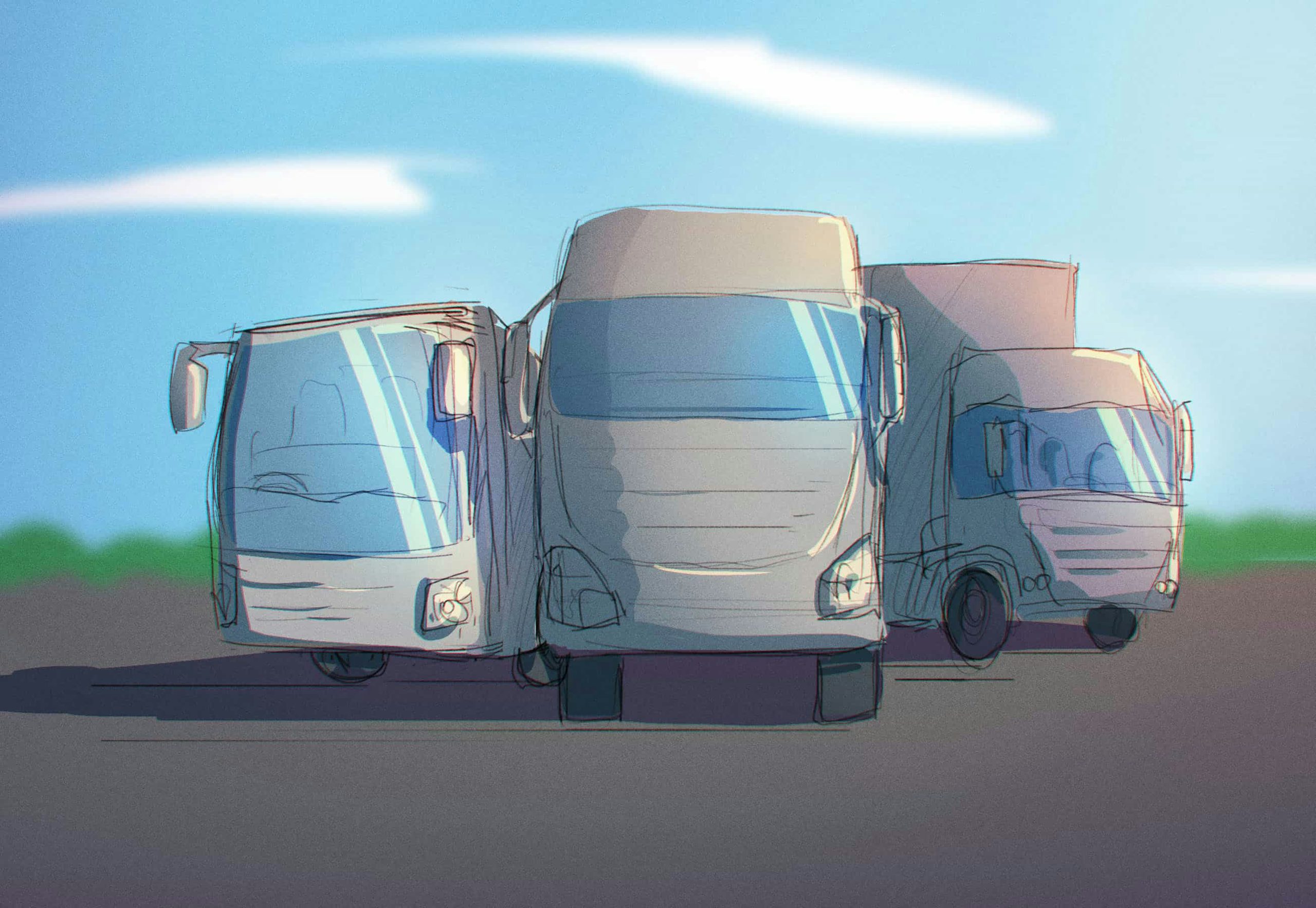 Three different commercial motor vehicles standing beside each other
