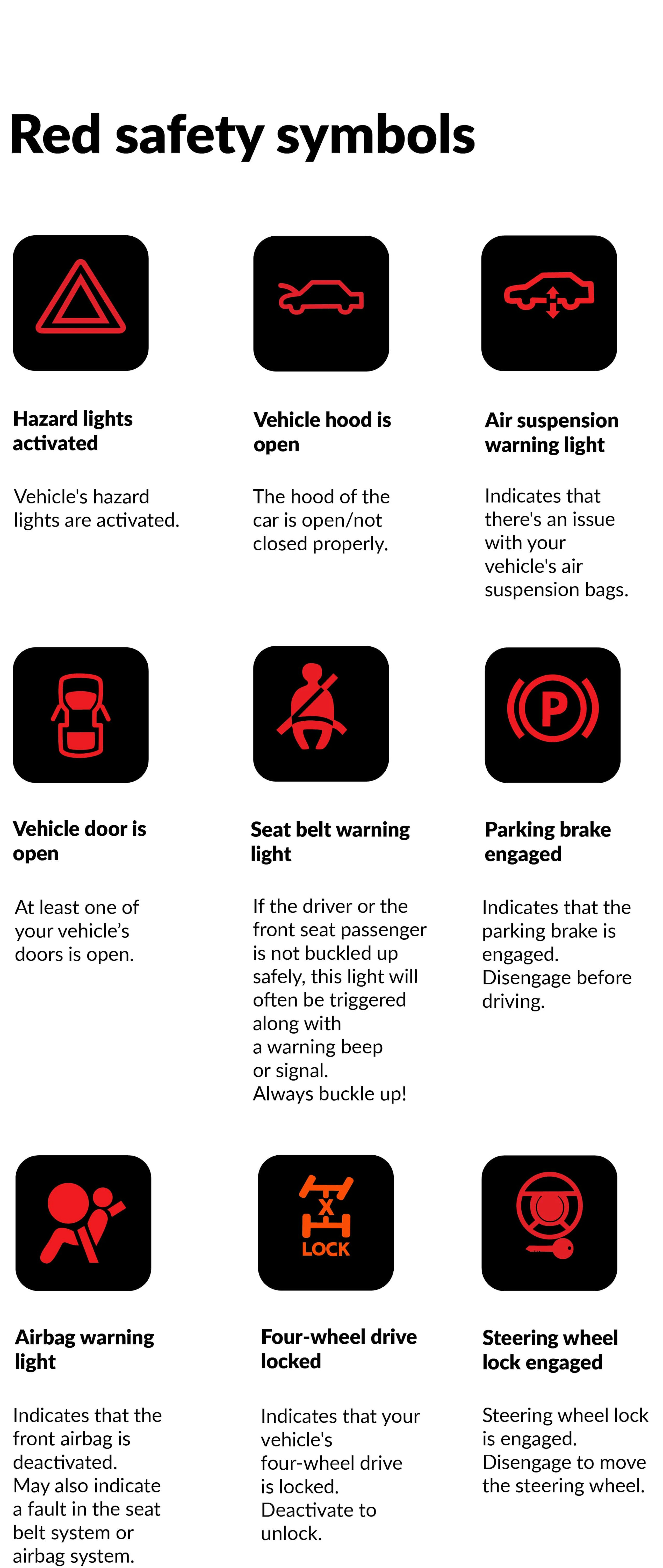 complete list of all red safety symbols on the car's dashboard 