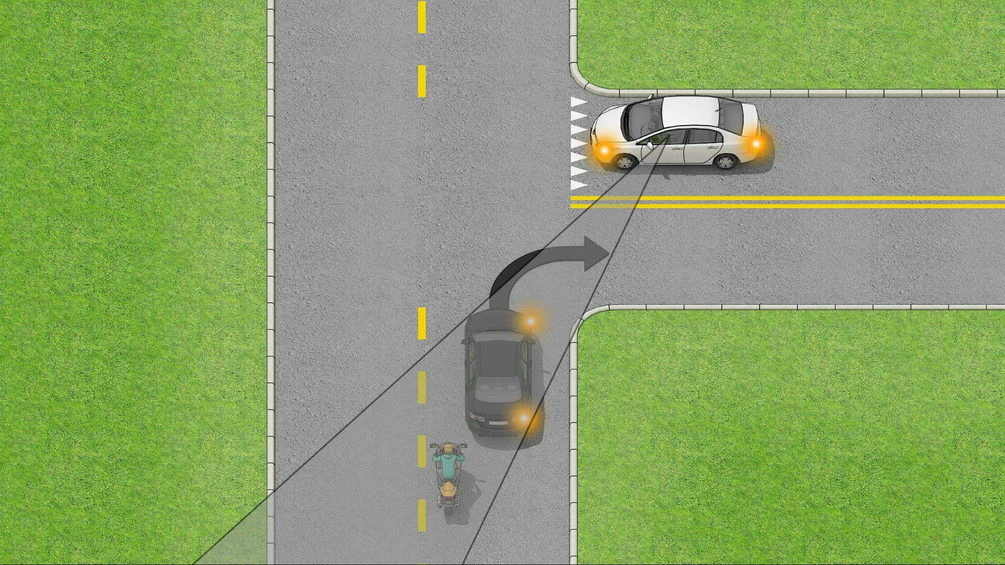 Motorcycle hidden behind car at an intersection