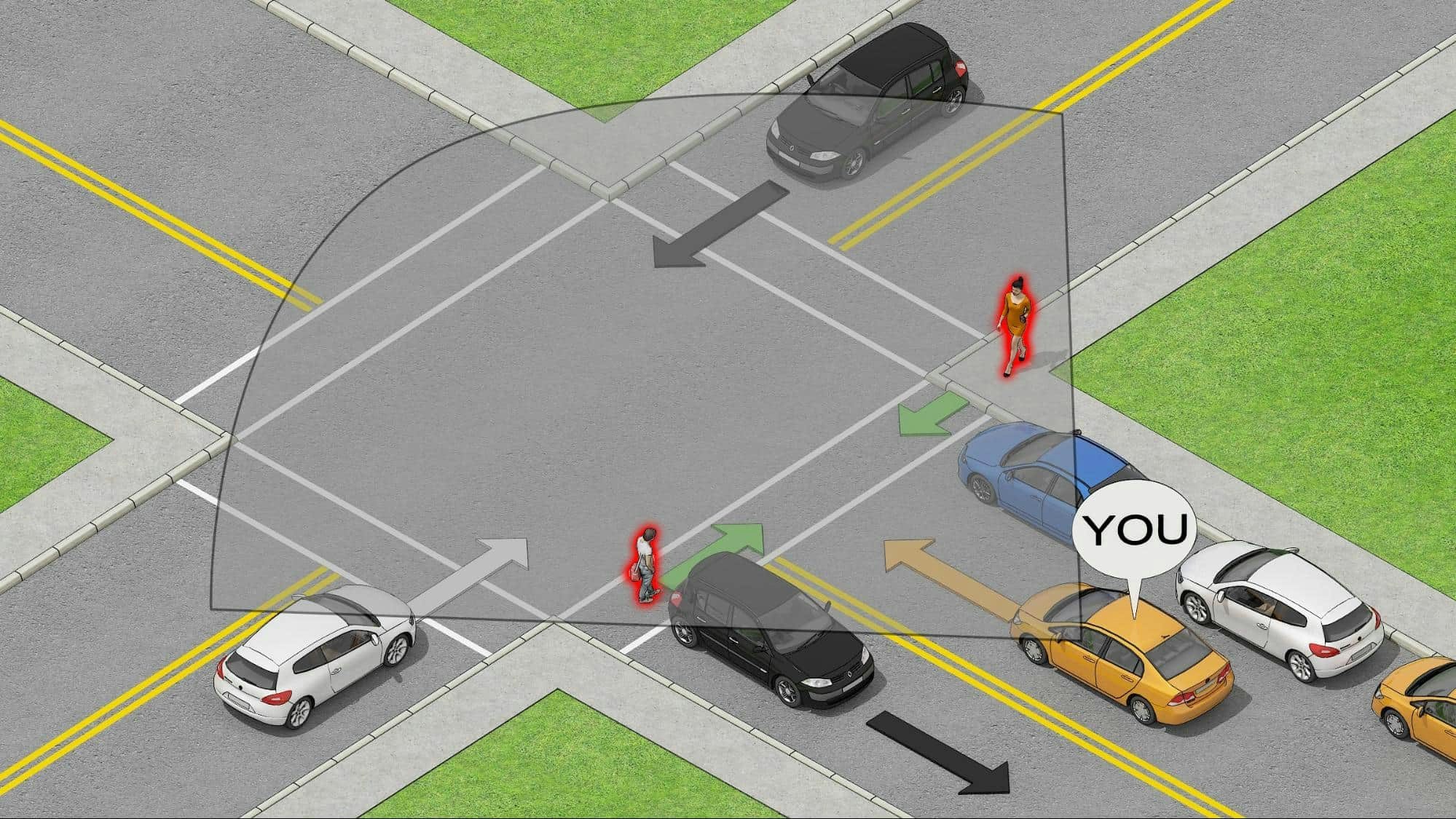 Car at intersection with pedestrians hidden from view