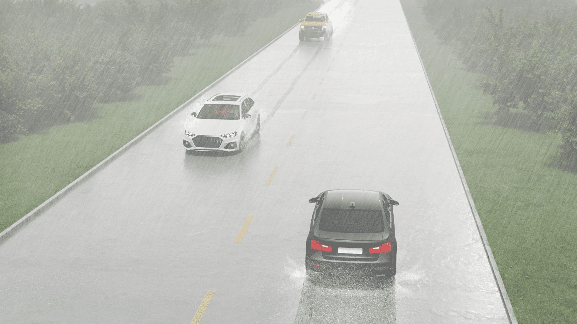 Vehicles traveling in opposite directions in the rain