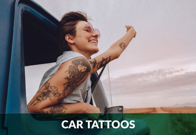 Person with tattoos in car Vintage car Woman in old car  a Royalty Free  Stock Photo from Photocase