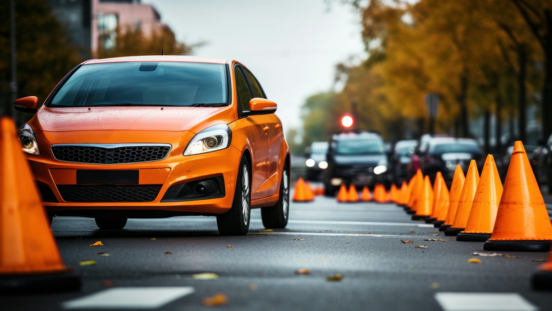 orange car on the road with cones