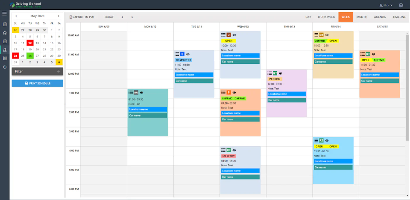 DrivingSchoolSoftware.com weekly scheduling calendar