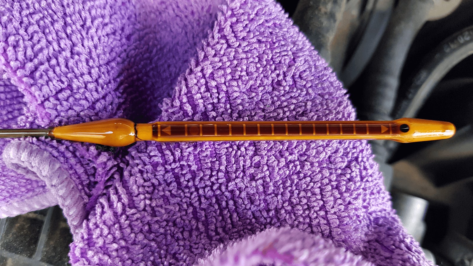 Oil dipstick before it has been wiped off showing an inaccurate reading