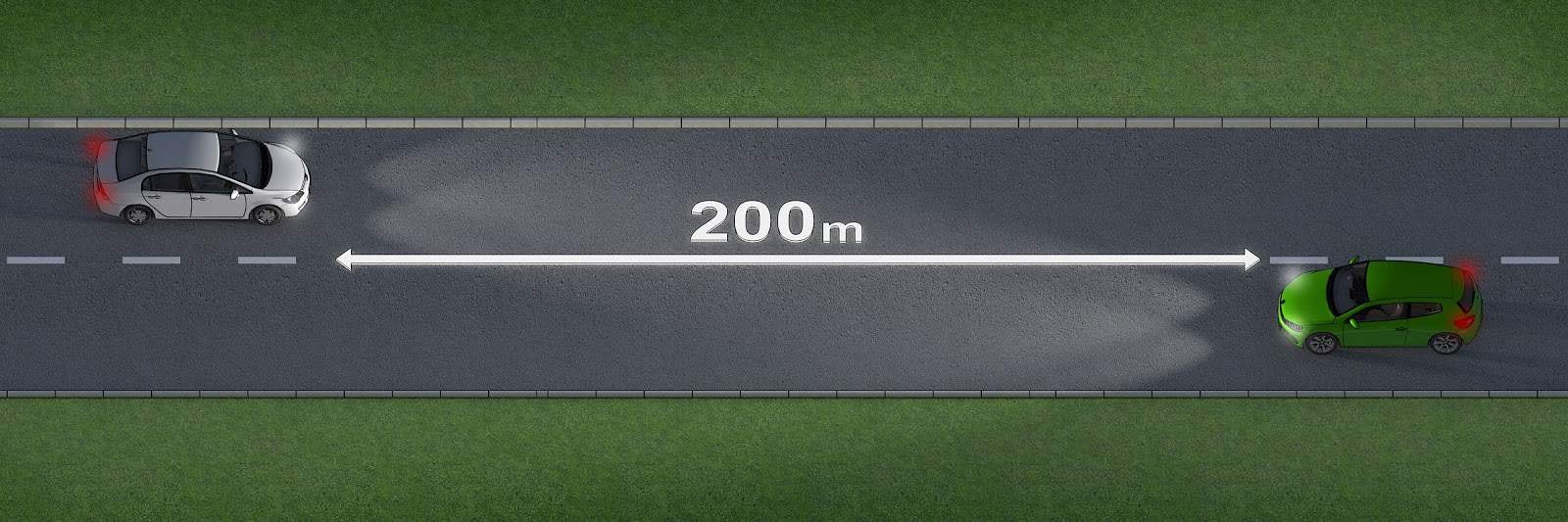 You must change to low beam when an oncoming vehicle is within 200m